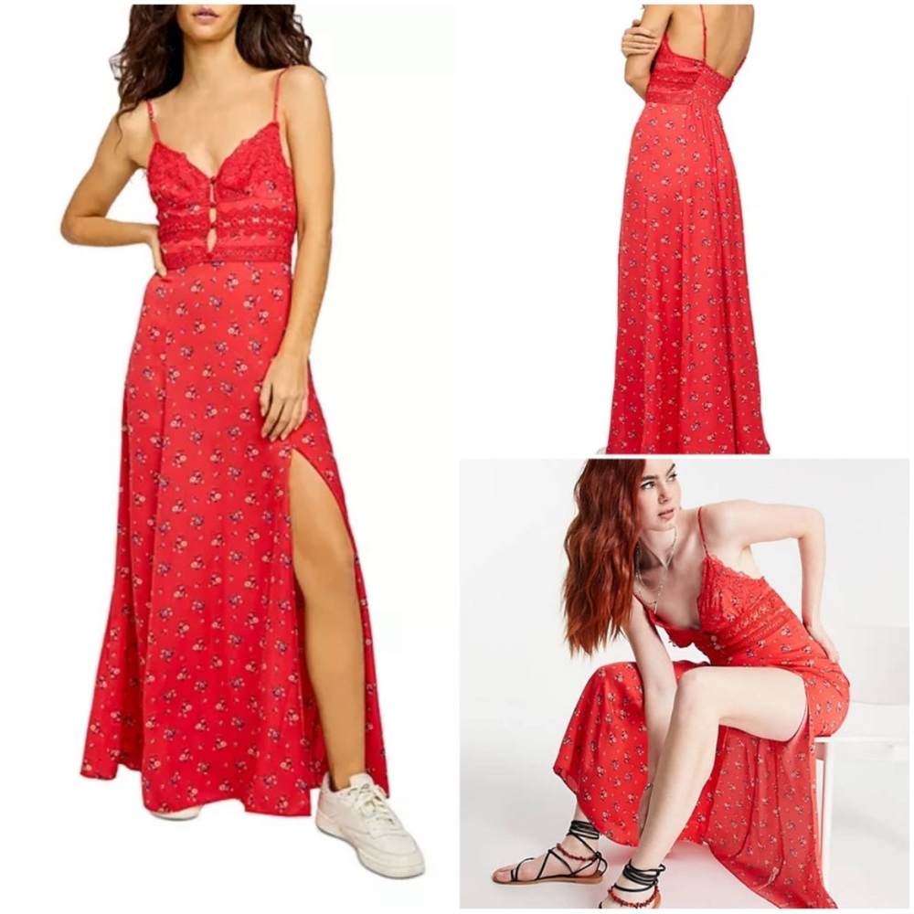 Red Floral Maxi Dress with Lace Bodice